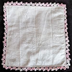 Vintage White Handkerchief with Pink and White Crocheted Border